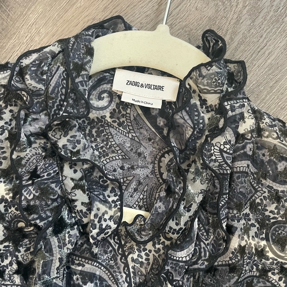 Zadig & Voltaire Tuya Star Pattern Ruffle Sleeve Blouse Top Women’s Size L Large - Picture 5 of 10